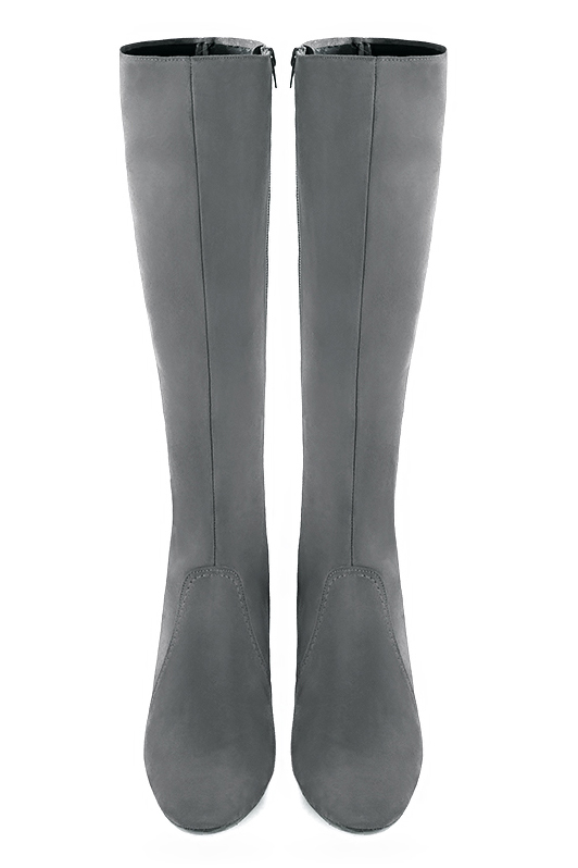 Dove grey women's feminine knee-high boots. Round toe. Medium block heels. Made to measure. Top view - Florence KOOIJMAN